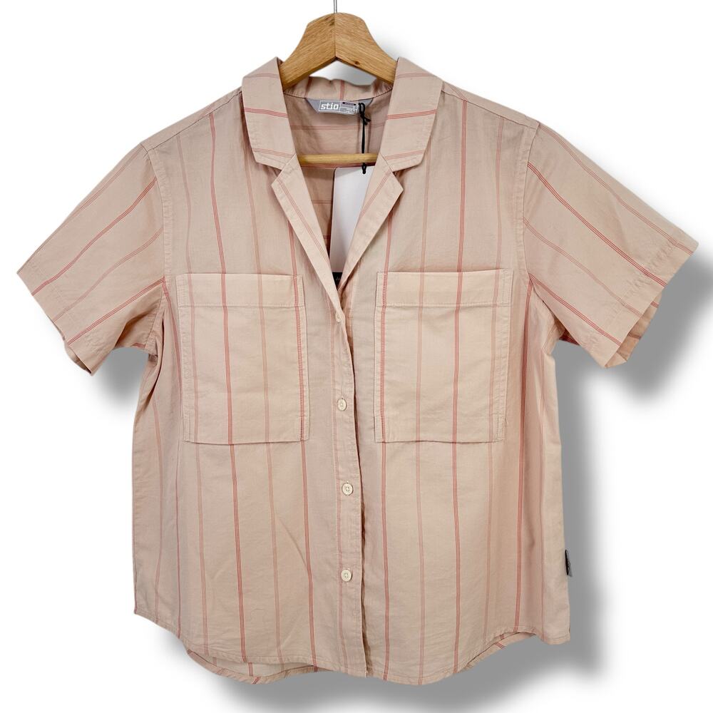Stio Dawn Hue Stripe Button Front Short Sleeve Shirt Womens Size Small Pink